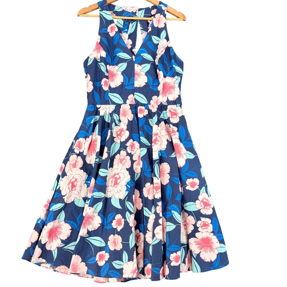Eliza J Navy Blue Pink Floral Halter Fit & Flare Dress Size 12 Pockets Retro tea